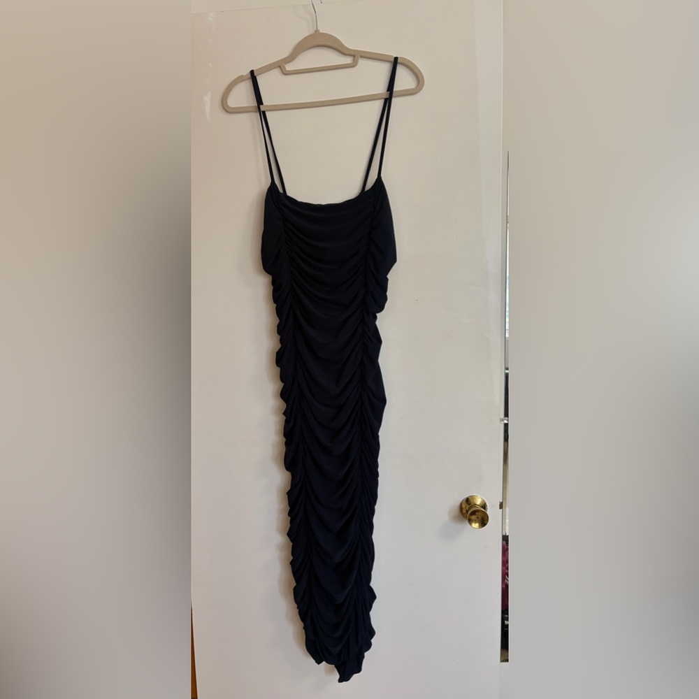 Navy Blue Ruched Bodycon Midi Dress